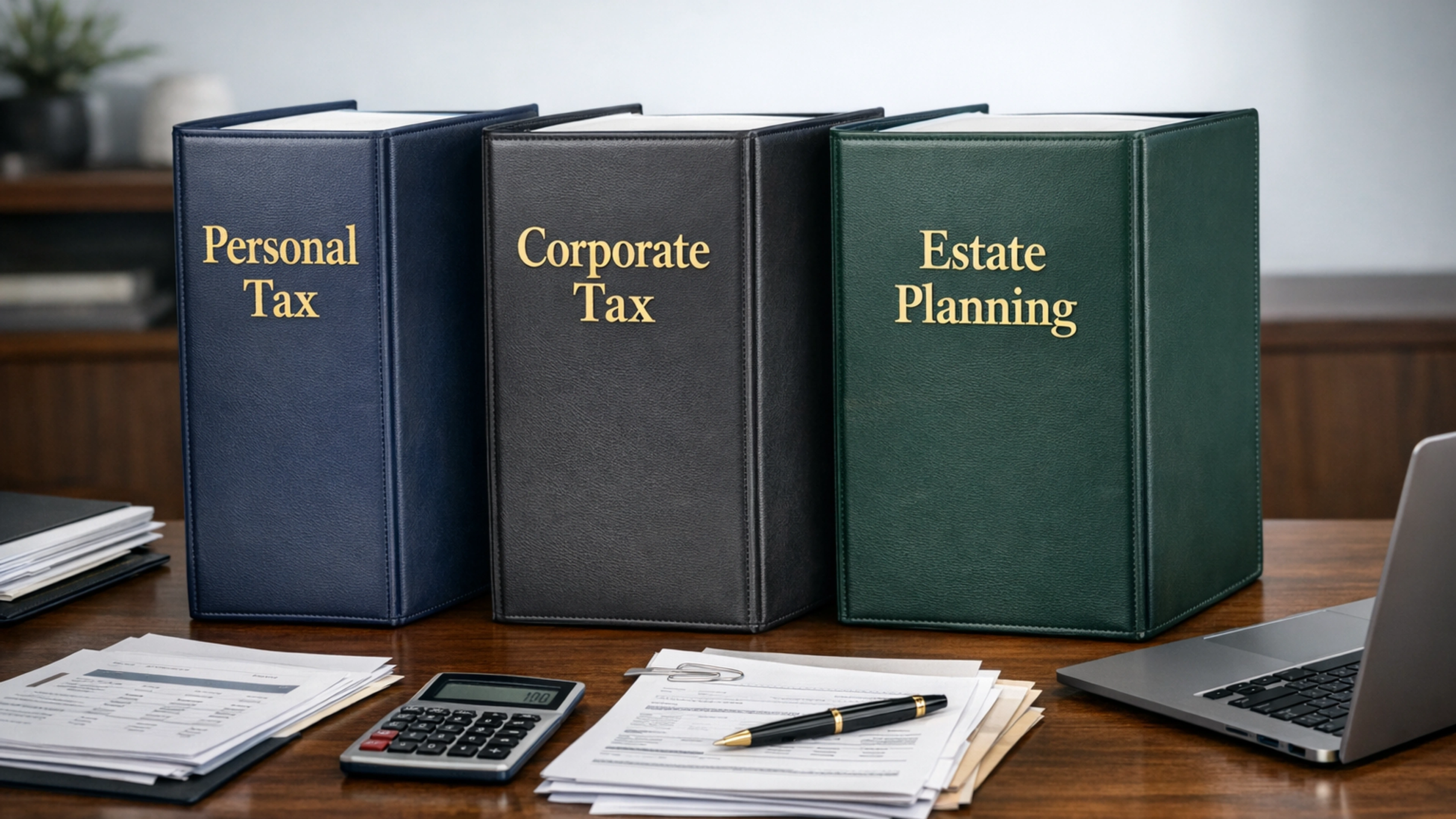 Professional tax service folders labeled Personal Tax, Corporate Tax, and Estate Planning on an organized desk